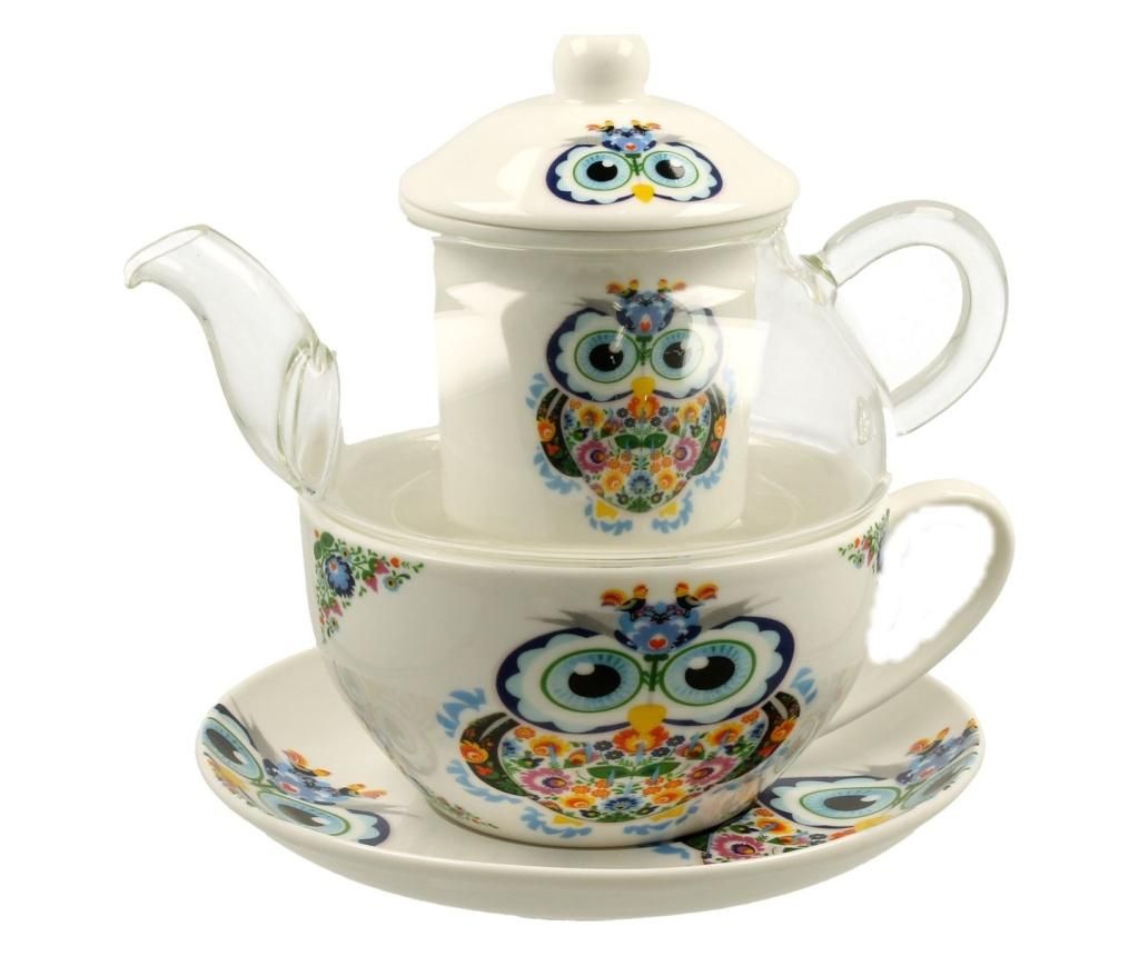 Set ceasca de ceai, farfurioara si ceainic OWL B – DUO, Multicolor DUO